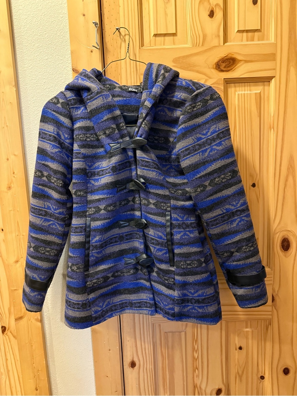 Striped Blue & Gray Hooded Toggle Pea Coat